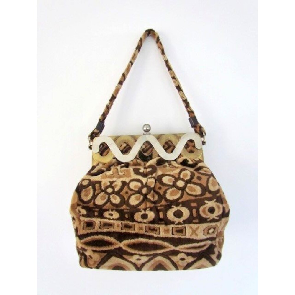 Vintage 70s Carpet Bag Chenille Decorative Frame Flowers Geometric Browns